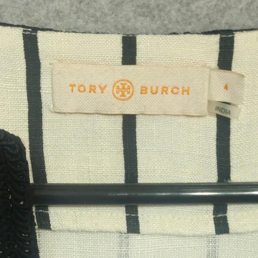 Tory Burch Womens Striped Embroidered Tunic Size 4 Cream Navy Blue Boho Split